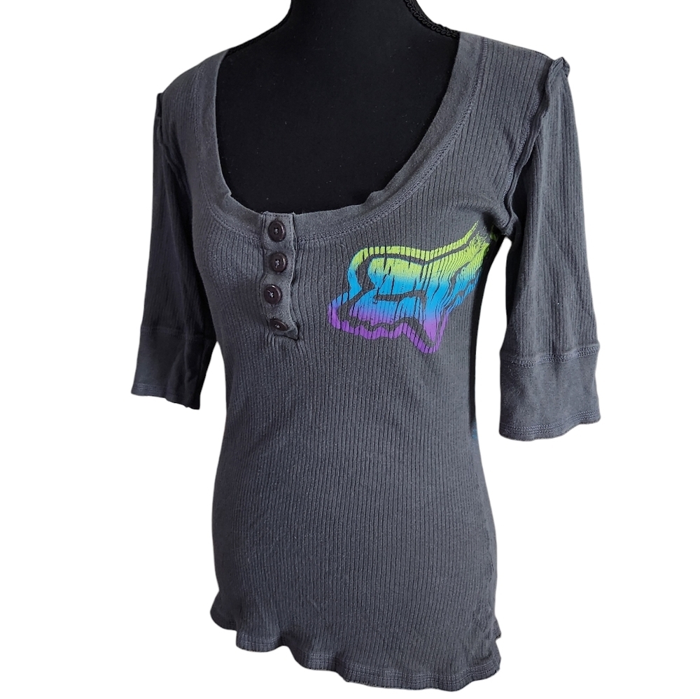 Fox Racing Girls Neon Graphic 3/4 Sleeve Henley Top Sz juniors Large